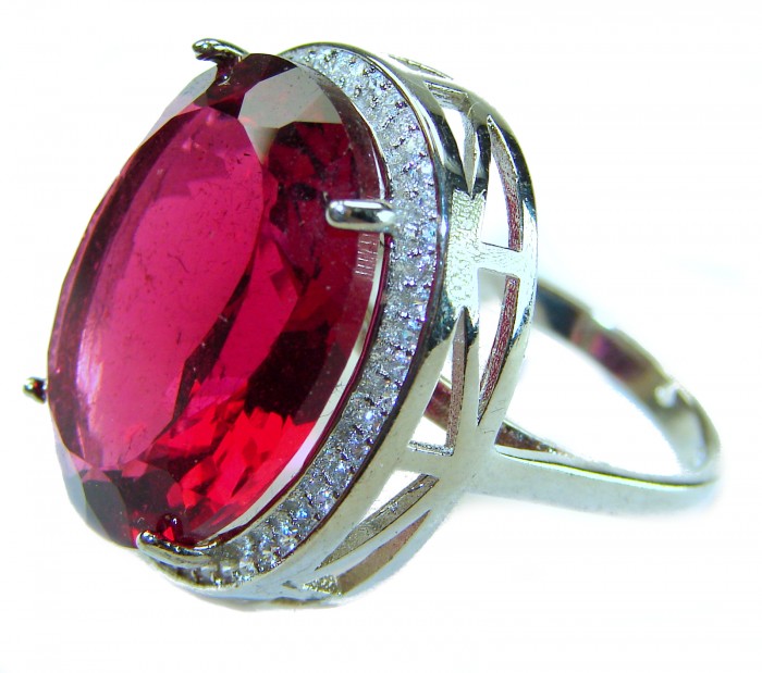 Natural 35.9 carat Red Topaz .925 Sterling Silver handmade Statement Ring size 7 - Side view of a natural 35.9 carat red topaz ring in sterling silver.