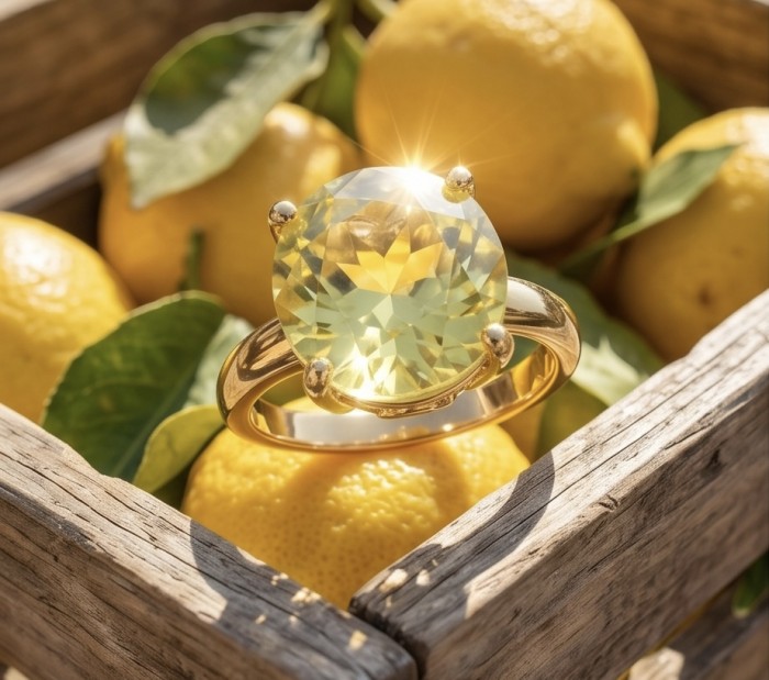 Solid 8.8 carat Genuine Lemon Quartz 18K Gold over .925 Sterling Silver handcrafted ring size 6 - Lemon quartz ring close-up with lemon background in natural light.