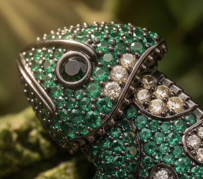 Spectacular - Chameleon Lizard 7.2 carat Tsavorite Garnet black rhodium over .925 Sterling Silver handmade Brooch - Close-up of chameleon lizard jewelry with tsavorite garnet stones.