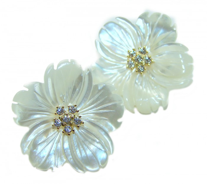 Genuine Blister Pearl lab grown Diamond 18K Gold over .925 Sterling Silver handcrafted Large Statement Earrings - photo 3