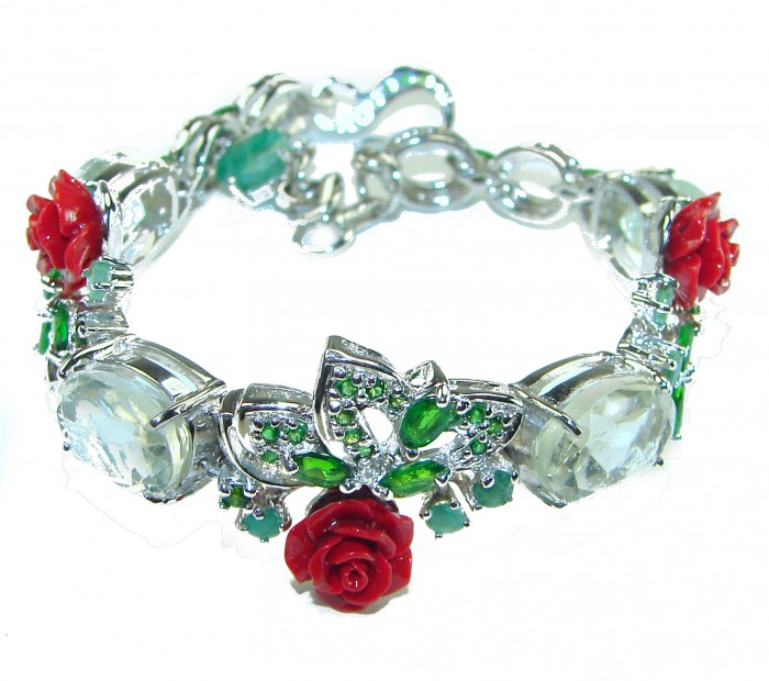 Enchanted Rose Garden Genuine carved Coral .925 Sterling Silver handcrafted Bracelet - photo 2