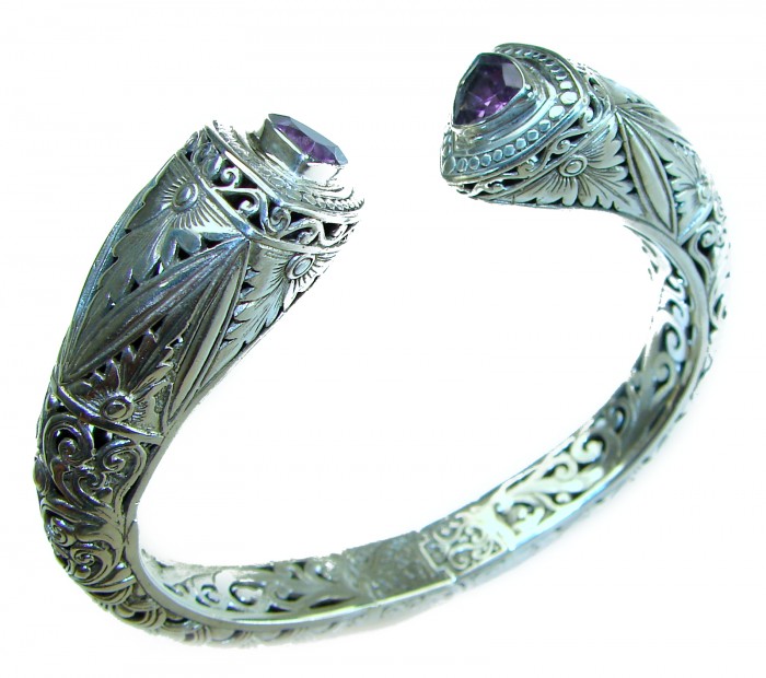 Infinity 49.5 grams authentic 8.9 carat Amethyst Floral Bracelet in .925 Sterling Silver handcrafted bracelet - Ornate bracelet with amethysts, detailed side view showing floral design.