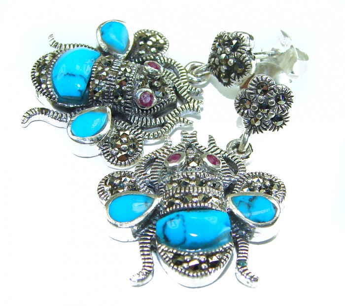 Blue Bees inlay Turquoise Ruby Marcasite .925 Sterling Silver Handcrafted earrings - Close-up of blue bee earrings with turquoise, ruby, and marcasite stones.