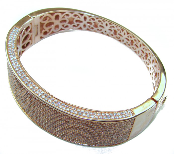 Tiffany Genuine 36.5 carat White Topaz Rose Gold over .925 Sterling Silver handcrafted Statement bracelet - Rose gold bracelet with white topaz, angled top view showing clasp.