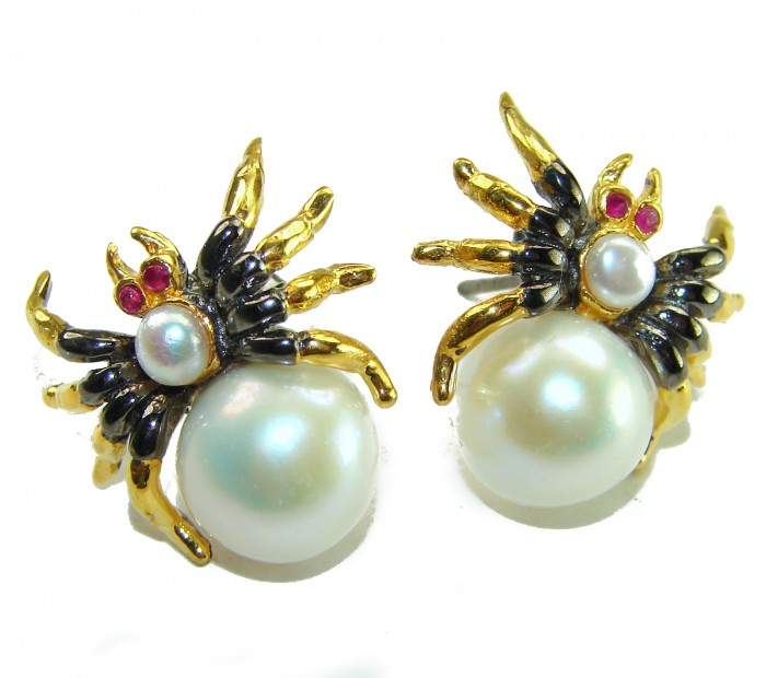 Spider Genuine Pearl 14K Gold rhodium over .925 Sterling Silver handcrafted Statement Earrings - Spider-shaped earrings with pearls and gemstones, front view.