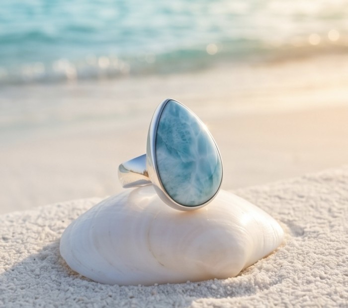 16.9 carat Blue Perfection natural Larimar .925 Sterling Silver handmade Large ring size 6 adjustable - Close-up of a Larimar ring on a seashell with beach background