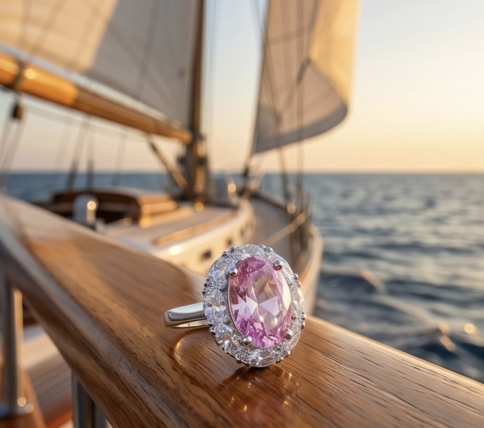 Anastasia 10.2 carat Pink Sapphire .925 Sterling Silver Handcrafted Statement Ring size 8 - Pink Sapphire ring on yacht railing, sunset ocean background.