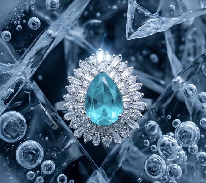 Esperanza - Luxurious pear cut 6.7 carat Emerald rhodium over .925 Sterling Silver handcrafted Ring s. 7 1/4 - Emerald ring close-up with ice background, pear cut 6.7 carat stone