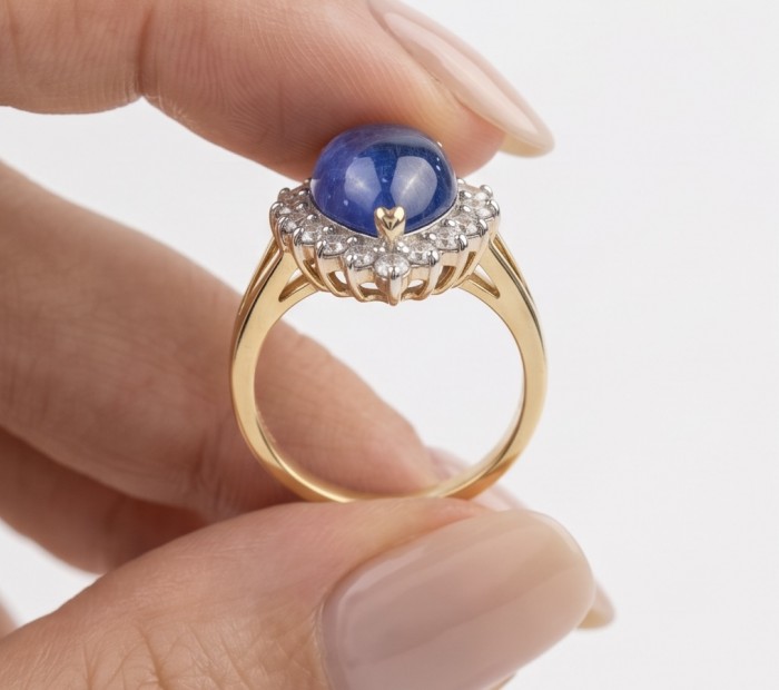 Precious Design pear cut 19.5 CARAT Tanzanite 22K Gold over .925 Sterling Silver Statement Ring s. 7 - Side view of 19.5 carat Tanzanite ring in 22K gold with diamond accents.
