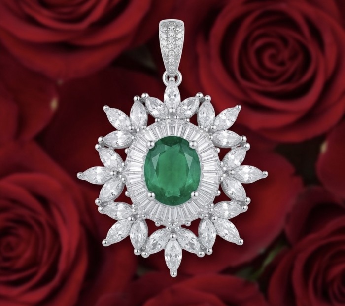 Giovanna - Authentic 4.8 carat COLOMBIAN EMERALD .925 Sterling Silver dipped in rhodium handcrafted pendant - Emerald pendant with diamonds on rose background, front view.