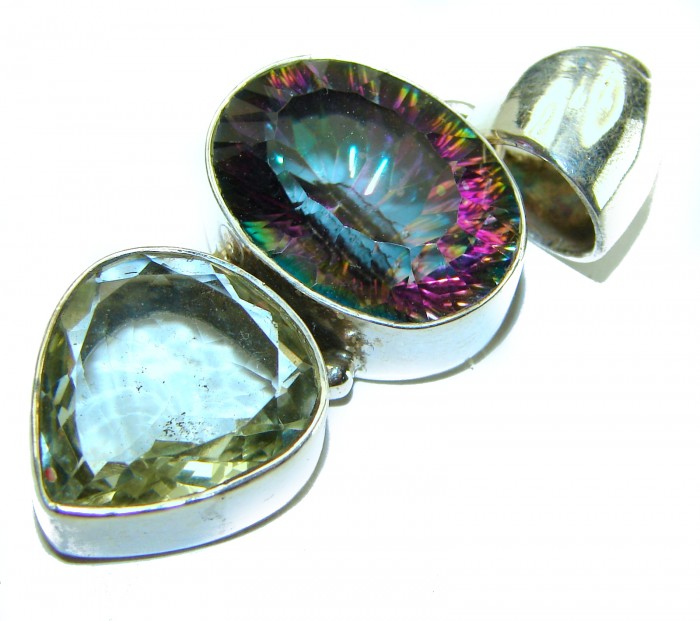 25.2 carat oval cut Mystic Aurora Topaz .925 Sterling Silver handcrafted Pendant - photo 2