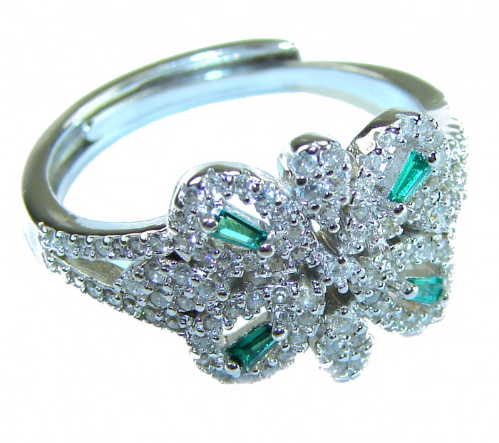 Luxurious 3.5 carat Emerald White Sapphire .925 Sterling Silver handcrafted Statement Ring size 8 - Butterfly design ring with emeralds and sapphires, close-up view.