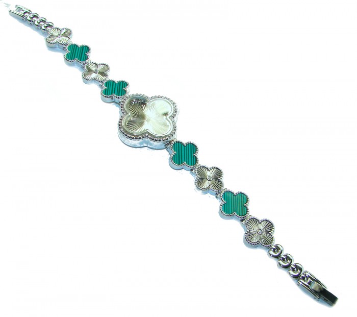 Precious Lucky Four Leaf Clover Authentic Malachite .925 Sterling Silver handmade Bracelet Watch - Bracelet with green clovers and mother-of-pearl, top view.