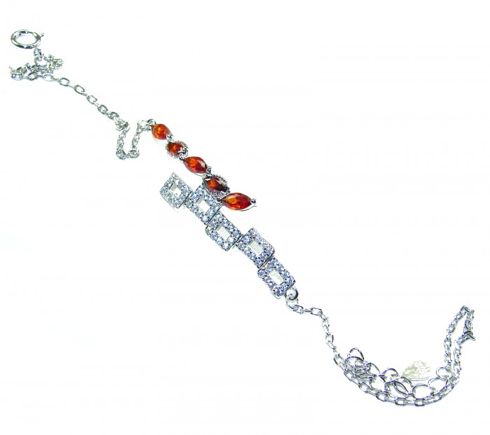 Solid authentic 5.5 CARAT GARNET .925 Sterling Silver handcrafted bracelet - Silver bracelet with garnet stones, top view with chain and clasp detail.
