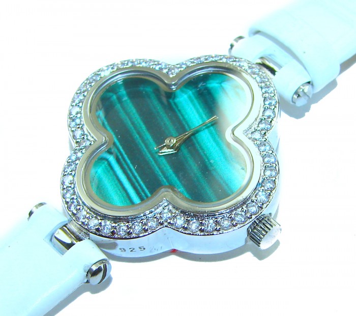 Precious 18.5 carat Authentic Four Leaf Clover Onyx Genuine Leather strap .925 Sterling Silver handmade Watch - Four leaf clover watch with gemstone face, angled top view.