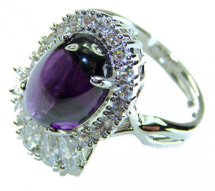 Elizabeth - Precious Natural 14.5 carat Amethyst from Uruguay Rhodium over .925 Sterling Silver Handcrafted Ring size 8 adjustable - Close-up of Elizabeth ring with 14.5 carat amethyst and diamond halo.