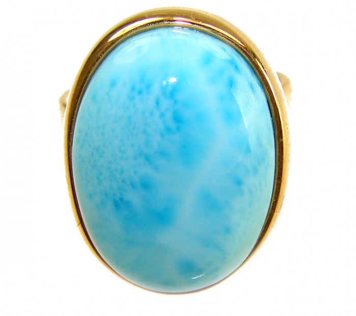 Blue Perfection AAAA QUALITY Blue Larimar 18K Gold over .925 Sterling Silver handmade Large ring size 8 adjustable - Close-up of Blue Larimar ring set in 18K gold