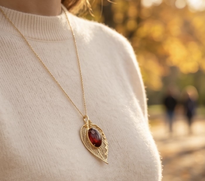 Real Leaf dipped in Sterling silver and gold Genuine 14.8 carat Garnet .925 Sterling Silver handcrafted Statement pendant - Gold leaf necklace with red stone worn on neck, side view in fall setting.