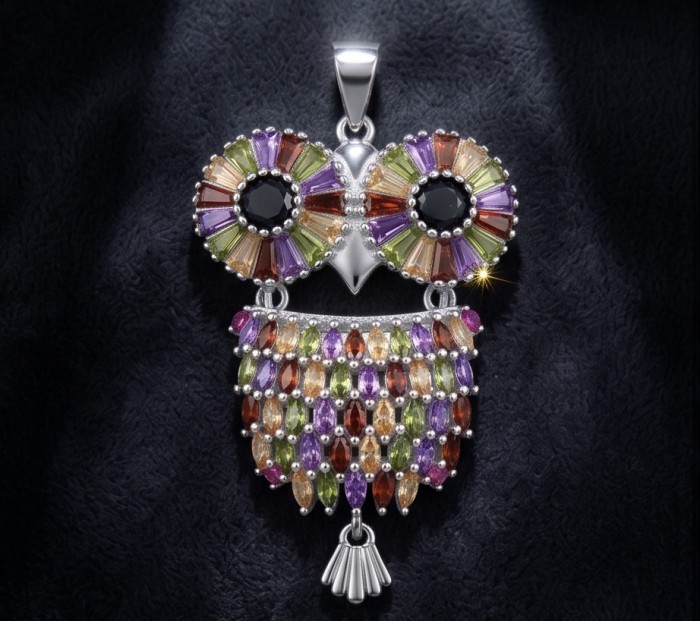 Precious Owl - 12.5 CARAT Multigem .925 Sterling Silver handcrafted pendant - Front view of multicolored owl pendant with gemstones on black background.