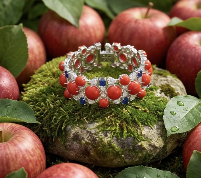 Precious 25.8 carat Fossilized Coral 4.2 catat Sapphire rhodium over .925 Sterling Silver handcrafted Statement Bracelet - Bracelet with coral and sapphire on moss, surrounded by apples, top view.