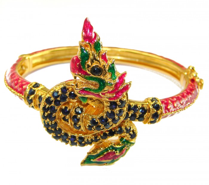 Truly Spectacular Dragon authentic 19.5 carat Ruby Enamel 14K Gold over .925 Sterling Silver handmade bangle Bracelet - photo 2