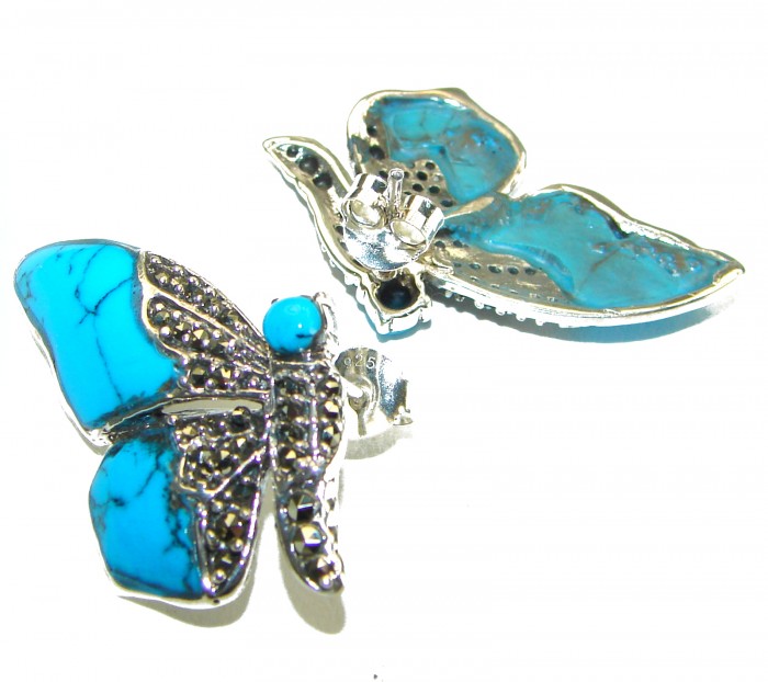 Blue Butterfly Precious natural Turquoise .925 Sterling Silver handcrafted Earrings - photo 1
