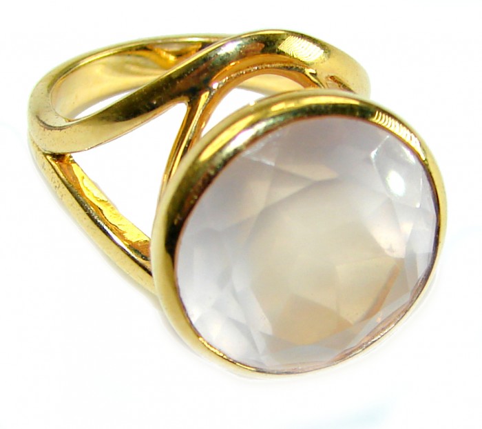 Authentic 10.5 carat Brazilian Rose Quartz 14K Gold over .925 Sterling Silver incredible Ring size 7 - Side view of 10.5 carat Brazilian Rose Quartz ring in 14K gold over.