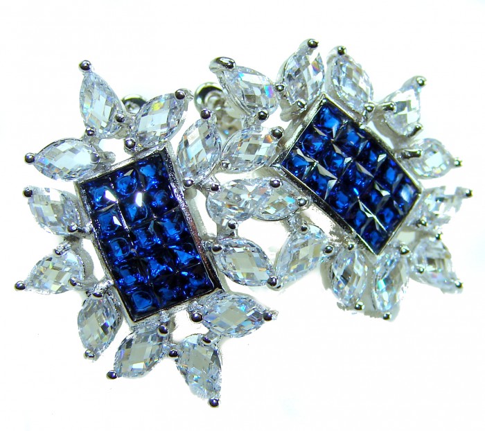 Born to Glam authentic 10.5 carat Sapphire .925 Sterling Silver handcrafted earrings - Close-up of Born to Glam 10.5 carat Sapphire .925 Sterling earrings.
