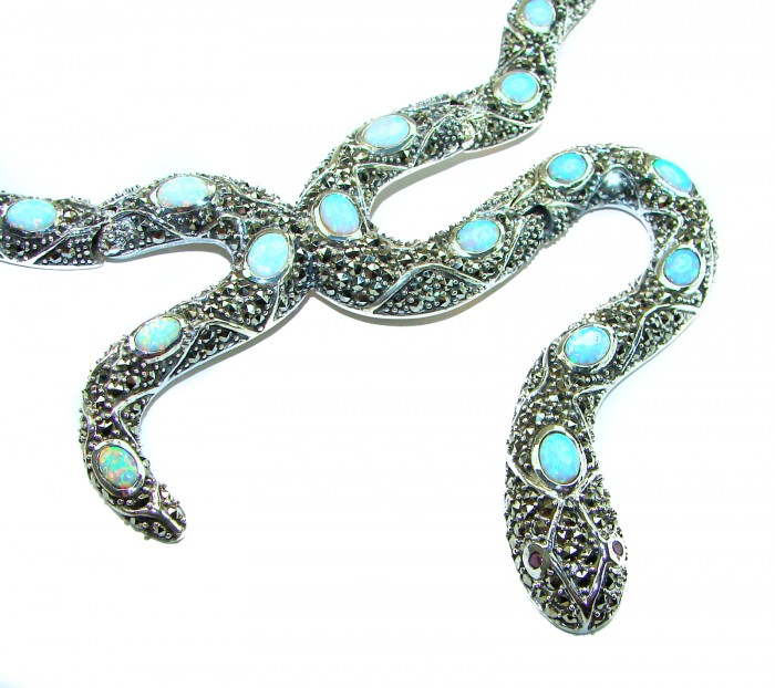 Large Snake genuine 57.8 carat Australian Blue Opal Marcasite .925 Sterling Silver handcrafted necklace - Detailed angle of snake necklace with blue opals and marcasite stones.