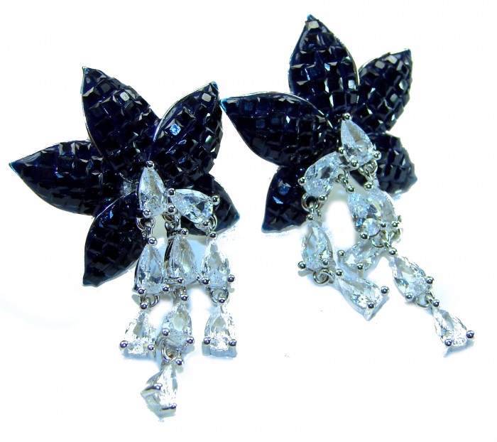 Magnificent Jewel 15.5 carat Sapphire .925 Sterling Silver handcrafted incredible earrings - Front view of sapphire and silver earrings with dangling stones