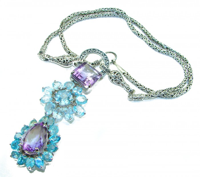 Mademoiselle - 78.5 carat natural Amethyst Swiss Blue Topaz .925 Sterling Silver dipped in Rhodium handcrafted Necklace - Detailed view of amethyst and blue topaz pendant necklace.