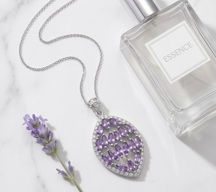 Authentic 15.5 carat Brazilian Amethyst rhodium over .925 Sterling Silver handcrafted Statement Pendant - Necklace with Brazilian amethyst, essence bottle, and lavender sprig, top view