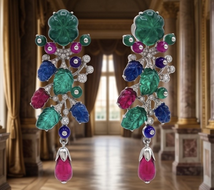 RARE BEAUTY! Valentina 28.2 carat CARVED Ruby Emerald Sapphire .925 Sterling Silver dipped in rhodium Statement handcrafted earrings - Colorful carved gemstone earrings front view on elegant background.