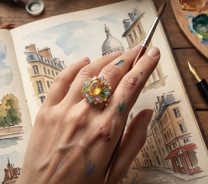 Victoria Authentic 10.7 carat Brazilian Citrine .925 Sterling Silver brilliantly dipped in 22K Gold handcrafted Statement ring; s. 8 - Artist's hand wearing Victoria Authentic 10.7ct Brazilian Citrine ring
