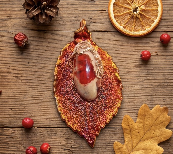 Stylish REAL Leaf dipped in copper Mexican Opal .925 Sterling Silver and Copper Pendant - Leaf pendant with opal stone on wooden background, top view.