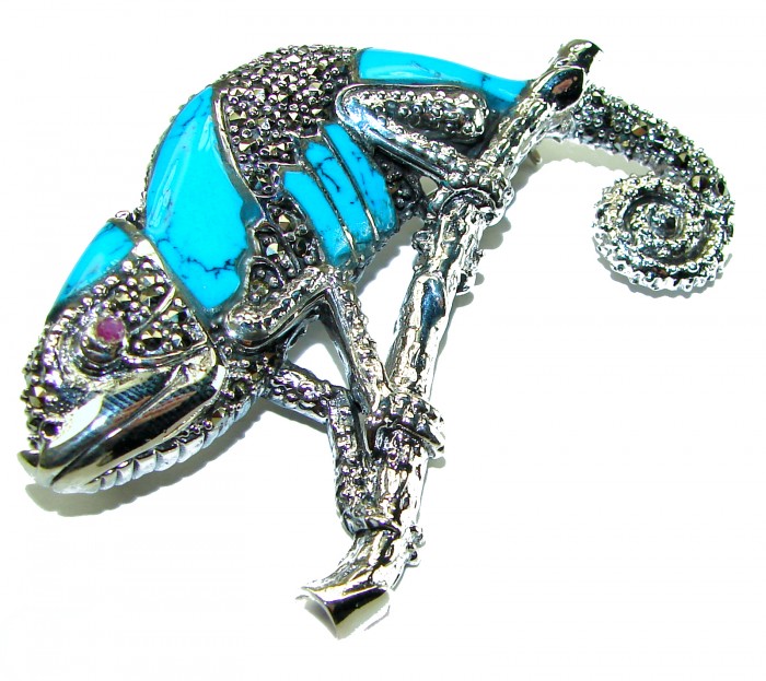 Spectacular Big Chameleon Lizard inlay Turquoise .925 Sterling Silver handmade Brooch - photo 2