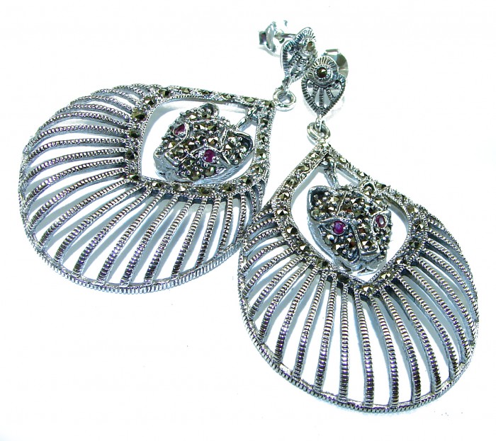Cheetah Spectacular Ruby Marcasite .925 Sterling Silver LARGE earrings - Cheetah earrings front view with ruby and marcasite detail.