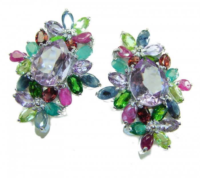 Isabella 15.5 carat Ametrine .925 Sterling Silver HANDCRAFTED Earrings - Colorful gemstone earrings, front view, showcasing ametrine centerpiece.