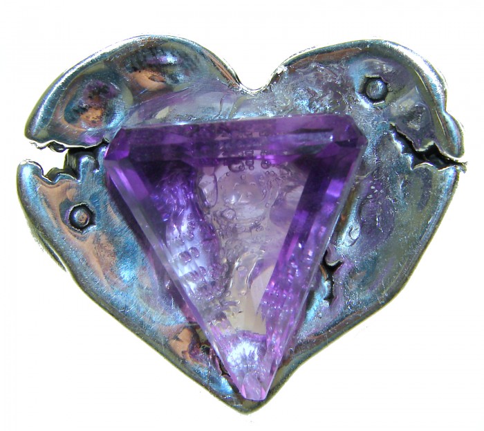 Large Heart Genuine 17.5 CARAT Amethyst .925 Sterling Silver Large Statement Ring size 7 - Amethyst heart-shaped pendant close-up with sterling silver setting.