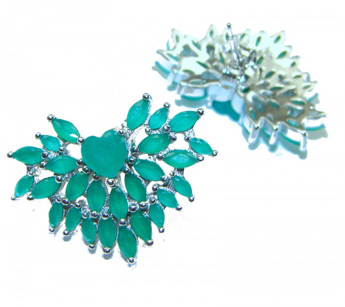 Angel's Heart 19.2 carat Colombian Emerald .925 Sterling Silver handmade earrings - Angel's Heart emerald earrings front with heart and leaf design
