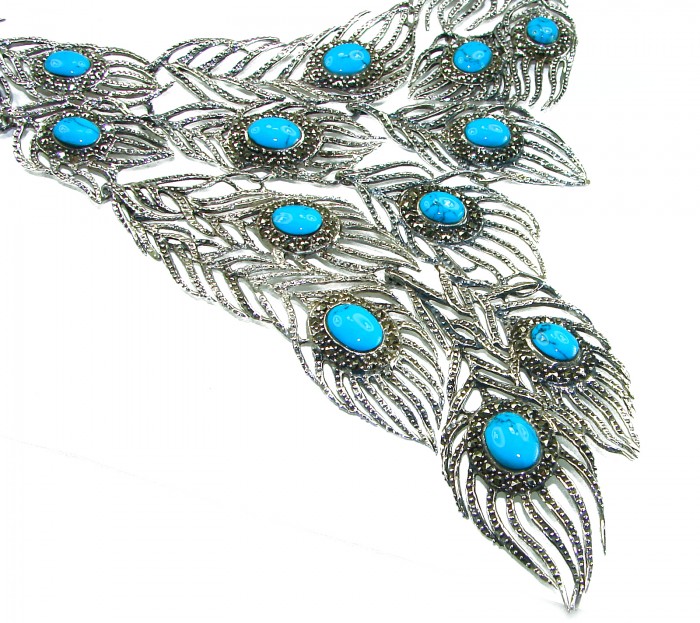 HUGE 104.7 grams Peacock Feather design genuine Turquoise .925 Sterling Silver handcrafted Necklace - Peacock feather necklace with turquoise stones, top angled view.