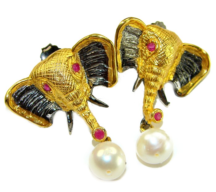 Elephant Authentic Ruby Pearl 2 tones .925 Sterling Silver handcrafted earrings - Elephant earrings with ruby and pearl, front view, gold and silver tones
