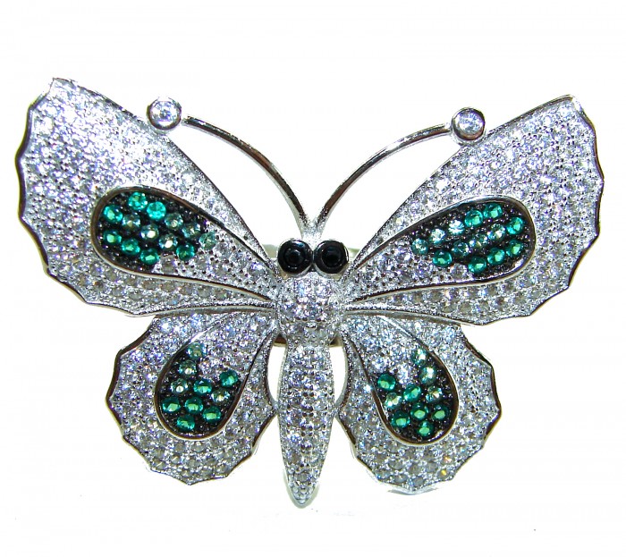 Precious Butterfly Genuine 10.5 carat Emerald .925 Sterling Silver handmade LARGE Statement Ring size 8 - Front view of emerald butterfly brooch in sterling silver.