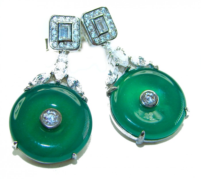 Very Unique authentic 12.5 carat Jade .925 Sterling Silver handcrafted earrings - Close-up of sterling silver jade earrings with diamond accents
