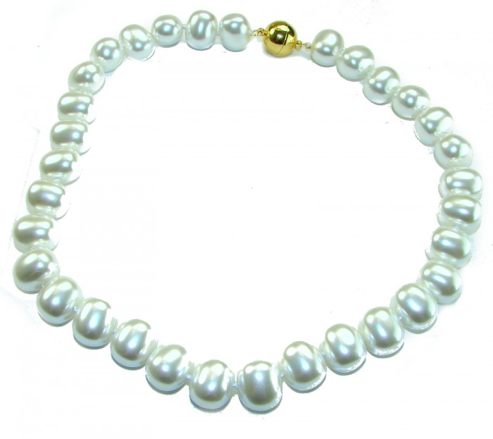 Baroque style 16 inches long Freshwater Pearl 10K Gold over .925 Sterling Silver handmade Necklace - Baroque freshwater pearl necklace, top view, with 10K gold clasp.