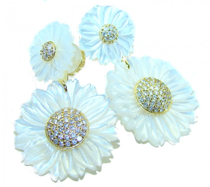 BLOOMING FLOWERS Genuine Blister Pearl 0.2 CARAT lab grown Diamond 18K Gold over .925 Sterling Silver handcrafted Statement Earrings - Flower-shaped earrings with pearl and diamond detail, top view.