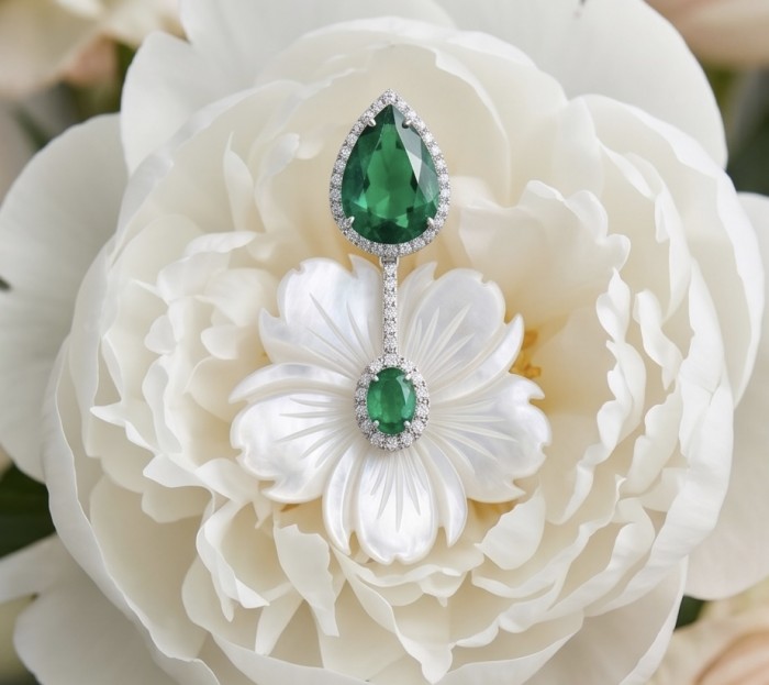 Summer Flowers Blister Pearl Blue Topaz 14K Gold over .925 Sterling Silver handcrafted Earrings - Close-up of emerald and pearl jewelry on a white flower backdrop.