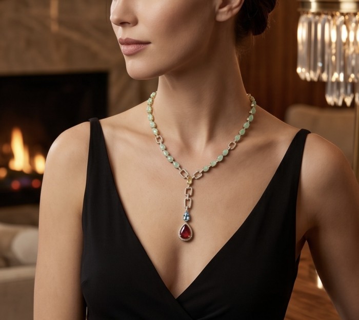 Flawless rare Chrysophrase 18K Gold over .925 Sterling Silver handcrafted necklace - Necklace worn, showcasing chrysoprase and red pendant with 18K gold chain.