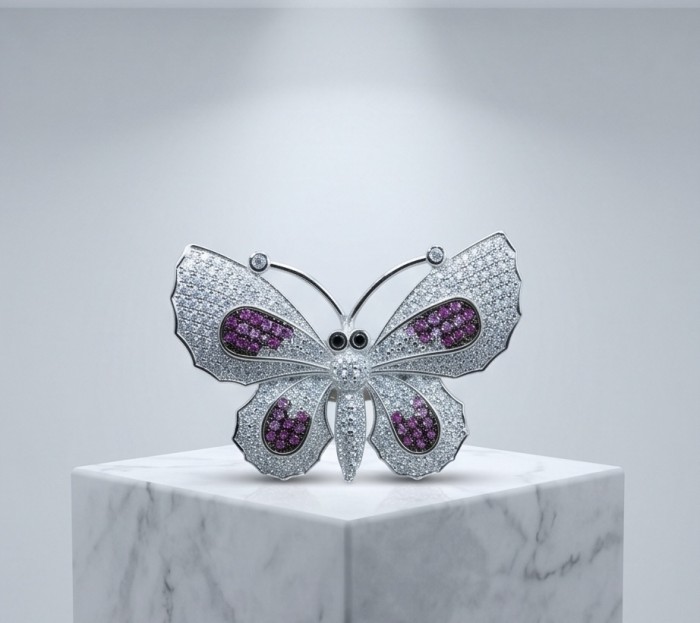 Precious Butterfly Genuine 10.5 carat Ruby .925 Sterling Silver handmade LARGE Statement Ring size 7 1/2 - Butterfly-shaped ruby and sterling silver jewelry on marble stand.