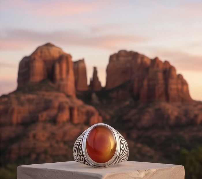 Orange Power natural Carnelian .925 Sterling Silver handmade ring s. 9 1/2 - Stone close-up of Orange Power Carnelian in sterling silver ring